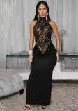 Women Sexy Halter Neck Lace Sleeveless Slit Dress