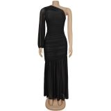 Women Sexy Slash Shoulder Mesh Dress