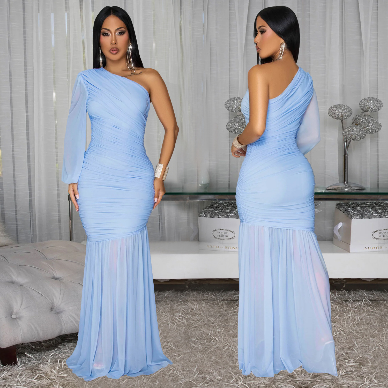 Women Sexy Slash Shoulder Mesh Dress