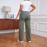 Women Patchwork Wide-Leg Denim Pants, Fall American Style Contrast Color Pants