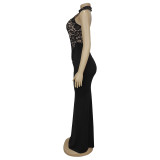 Women Sexy Halter Neck Lace Sleeveless Slit Dress
