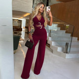 Women V-Neck Buckled Belt Top and Pants Two-Piece Set