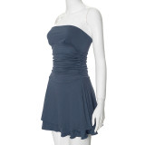 Women Pleated Skirt Solid Strapless Dress