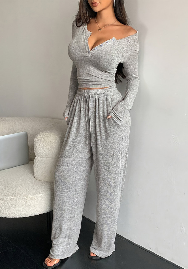 Women Fall Long-Sleeved Buttoned Solid Top and Pants Two-Piece Set