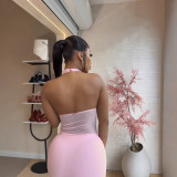 Women early fall solid sleeveless halter neck sexy bodycon mini dress.