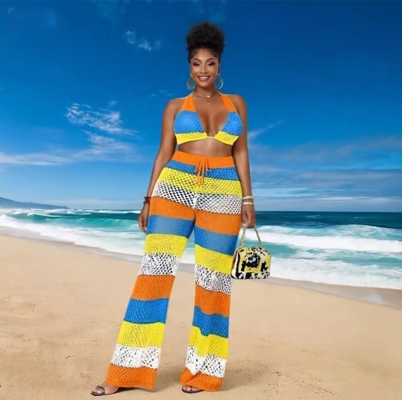 Women multi-color striped halter neck backless top and knitting pant, sexy see-through mesh two-piece set.