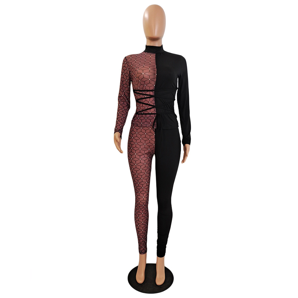 Women Sexy Mesh Patchwork Print Top and Pant Two-Piece Set