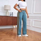 Women Patchwork Wide-Leg Denim Pants, Fall American Style Contrast Color Pants
