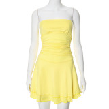 Women Pleated Skirt Solid Strapless Dress