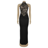 Women Sexy Halter Neck Lace Sleeveless Slit Dress