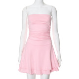 Women Pleated Skirt Solid Strapless Dress