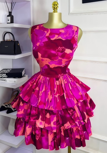 Women early fall sleeveless round neck pleated cascading ruffles dress.