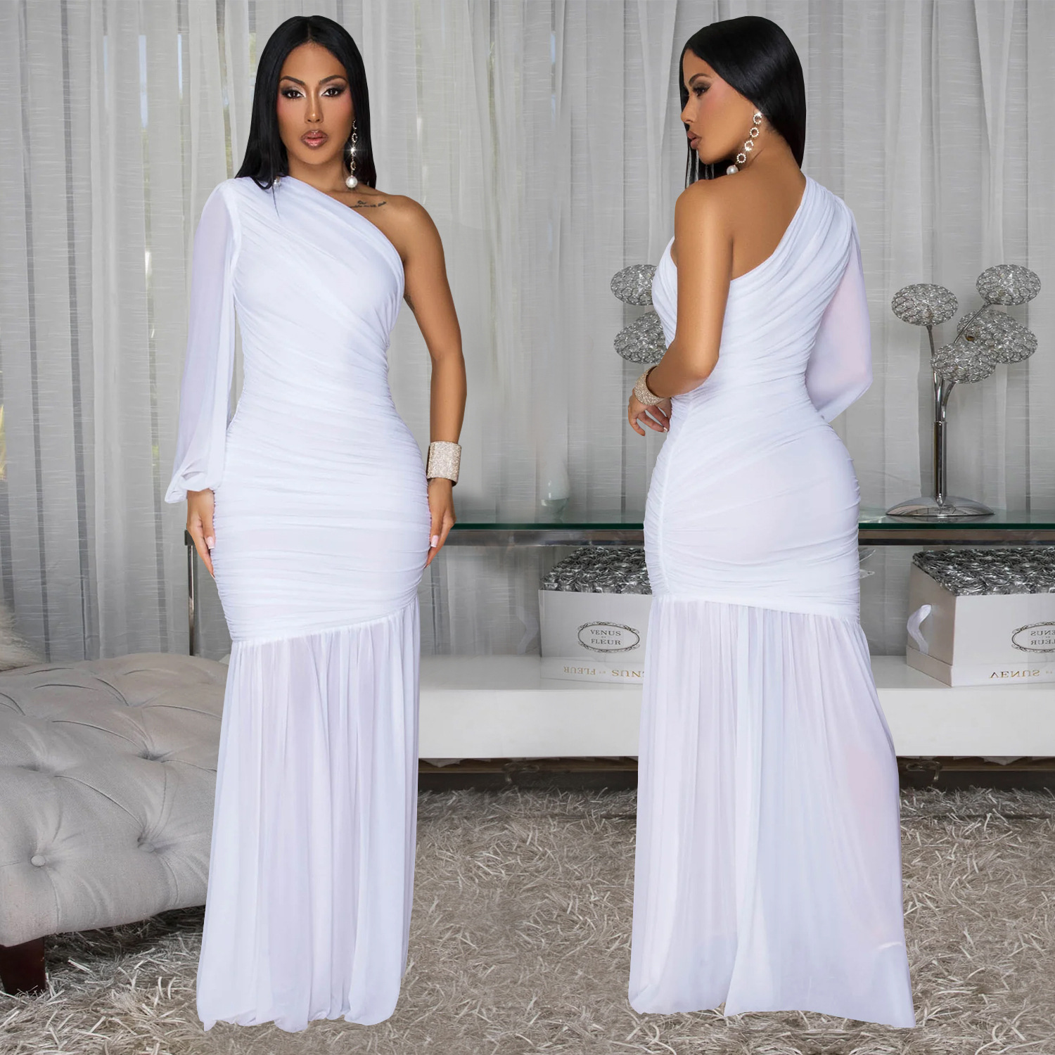 Women Sexy Slash Shoulder Mesh Dress