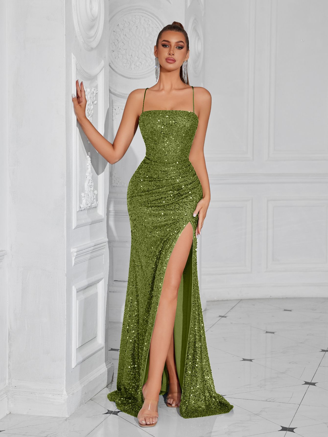 Women formal party strapless sequined luxury evening dress.