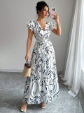 Women Spring/Summer Printed Ruffle V-Neck Sexy Maxi Dress