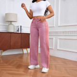 Women Patchwork Wide-Leg Denim Pants, Fall American Style Contrast Color Pants