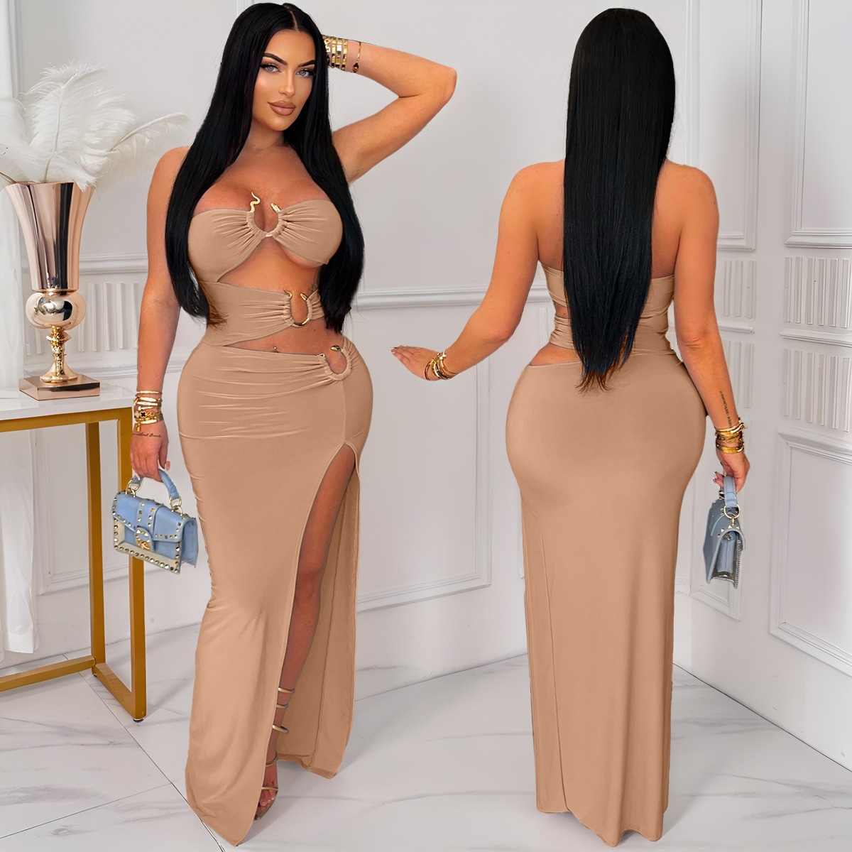 Women Sexy Cutout Metallic Patchwork Slit Bodycon Maxi Dress