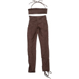 Women Fall Solid Halter Neck Lace-Up Top and Pants Two-piece Set