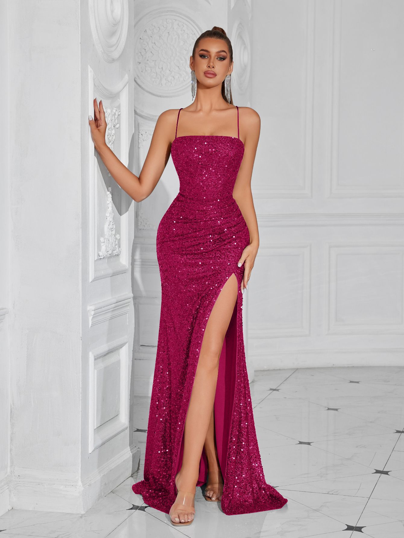 Women formal party strapless sequined luxury evening dress.