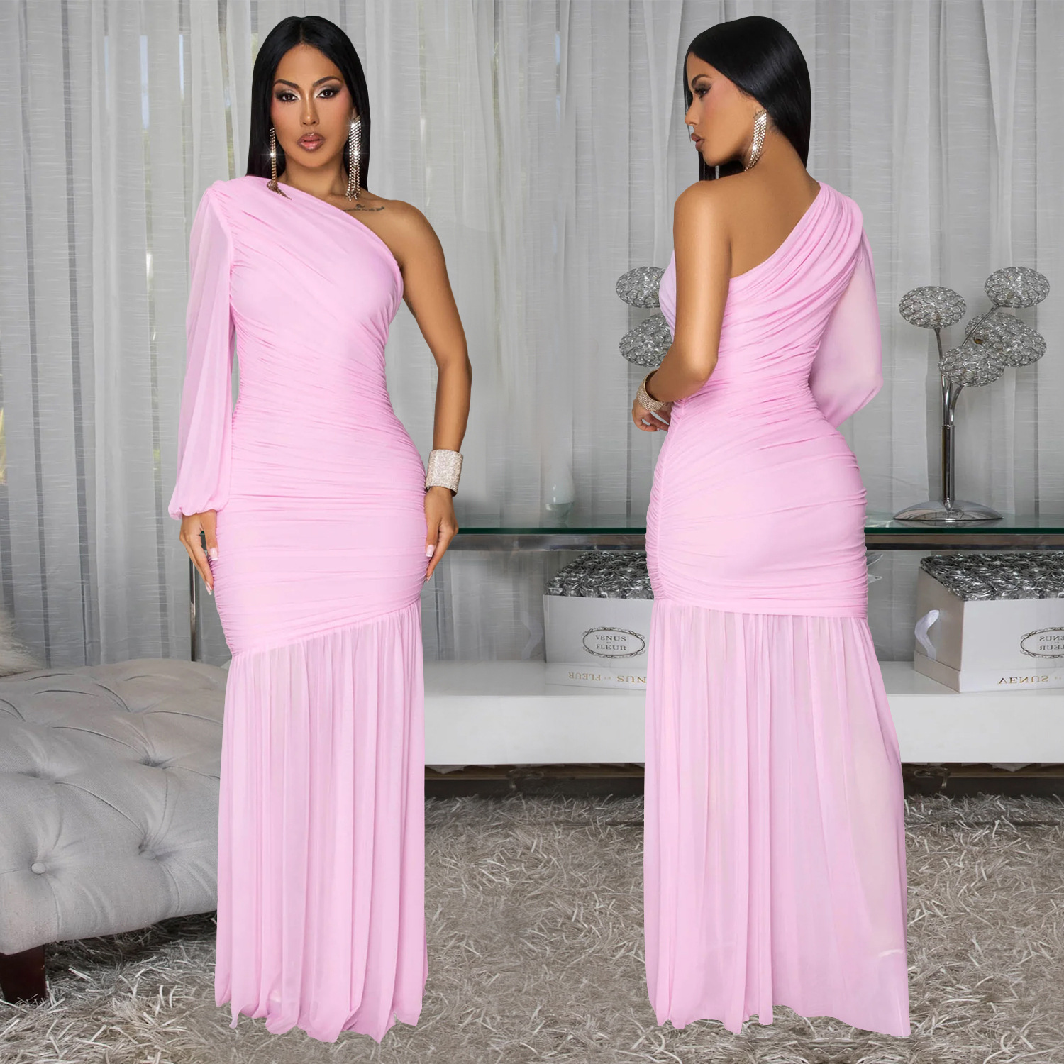 Women Sexy Slash Shoulder Mesh Dress