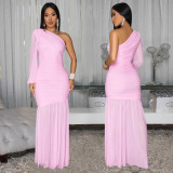 Women Sexy Slash Shoulder Mesh Dress