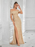 Women formal party off-shoulder sequined Slited Maxi Dress