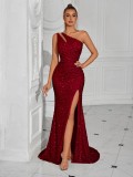 Women sexy one-shoulder slash shoulder sequined evening dress（Tie-Straps）