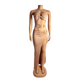 Women Sexy Cutout Metallic Patchwork Slit Bodycon Maxi Dress