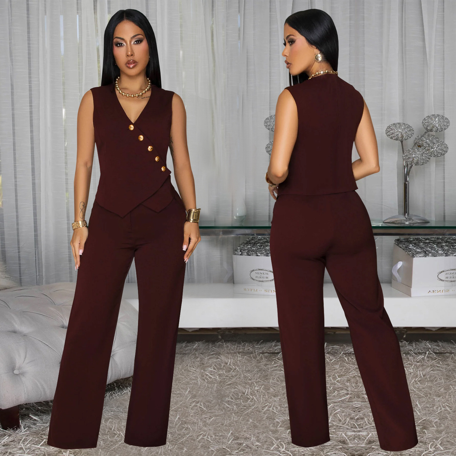 Women Casual Sleeveless V-Neck Top and Pants Two-Piece Set