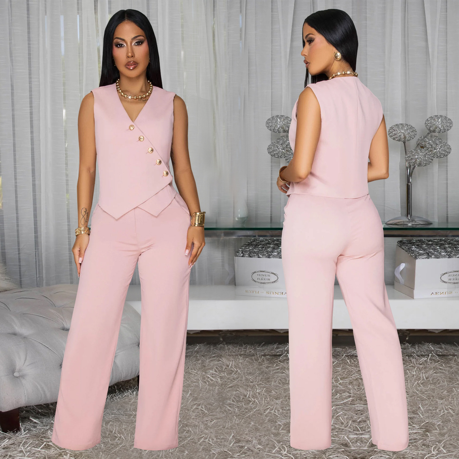 Women Casual Sleeveless V-Neck Top and Pants Two-Piece Set