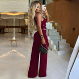 Women V-Neck Buckled Belt Top and Pants Two-Piece Set
