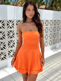 Women Pleated Skirt Solid Strapless Dress