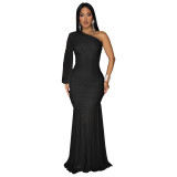 Women Sexy Slash Shoulder Mesh Dress