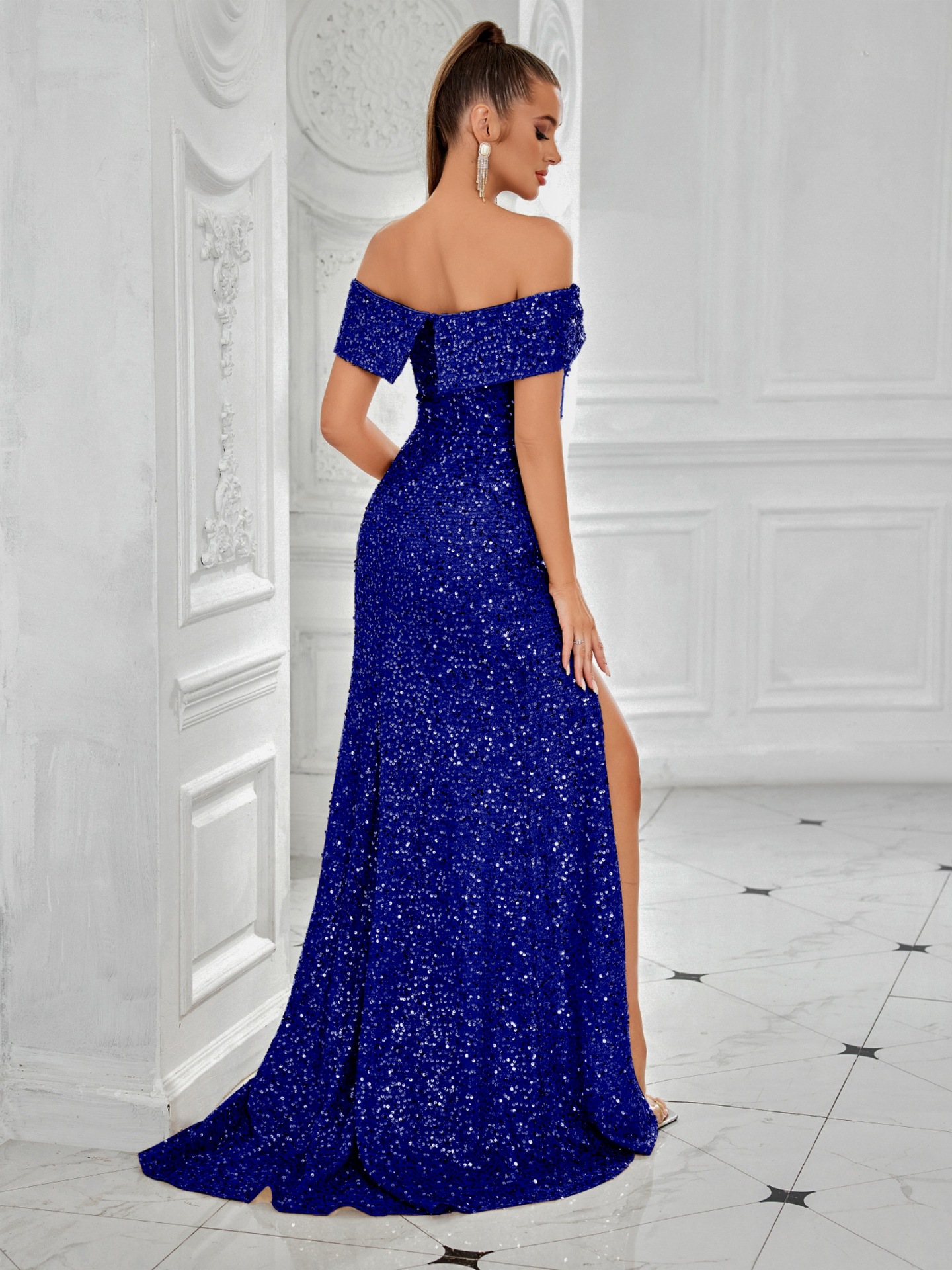 Women formal party off-shoulder sequined Slited Maxi Dress