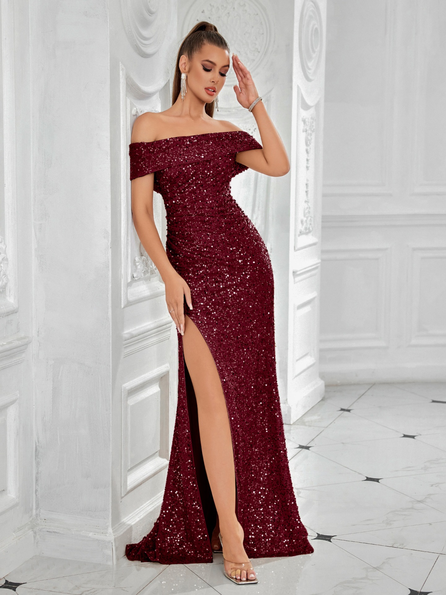 Women formal party off-shoulder sequined Slited Maxi Dress