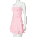 Women Pleated Skirt Solid Strapless Dress