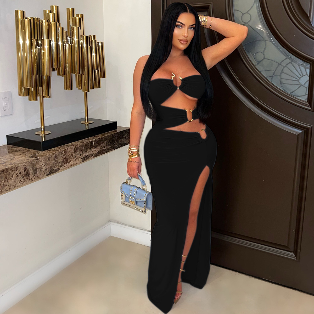 Women Sexy Cutout Metallic Patchwork Slit Bodycon Maxi Dress