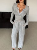 Women Fall Long-Sleeved Buttoned Solid Top and Pants Two-Piece Set