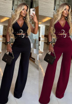 Women V-Neck Buckled Belt Top and Pants Two-Piece Set