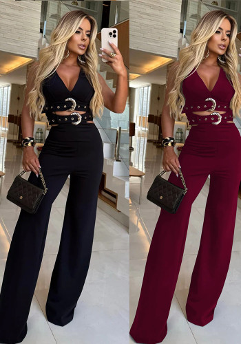 Women V-Neck Buckled Belt Top and Pants Two-Piece Set