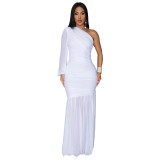 Women Sexy Slash Shoulder Mesh Dress