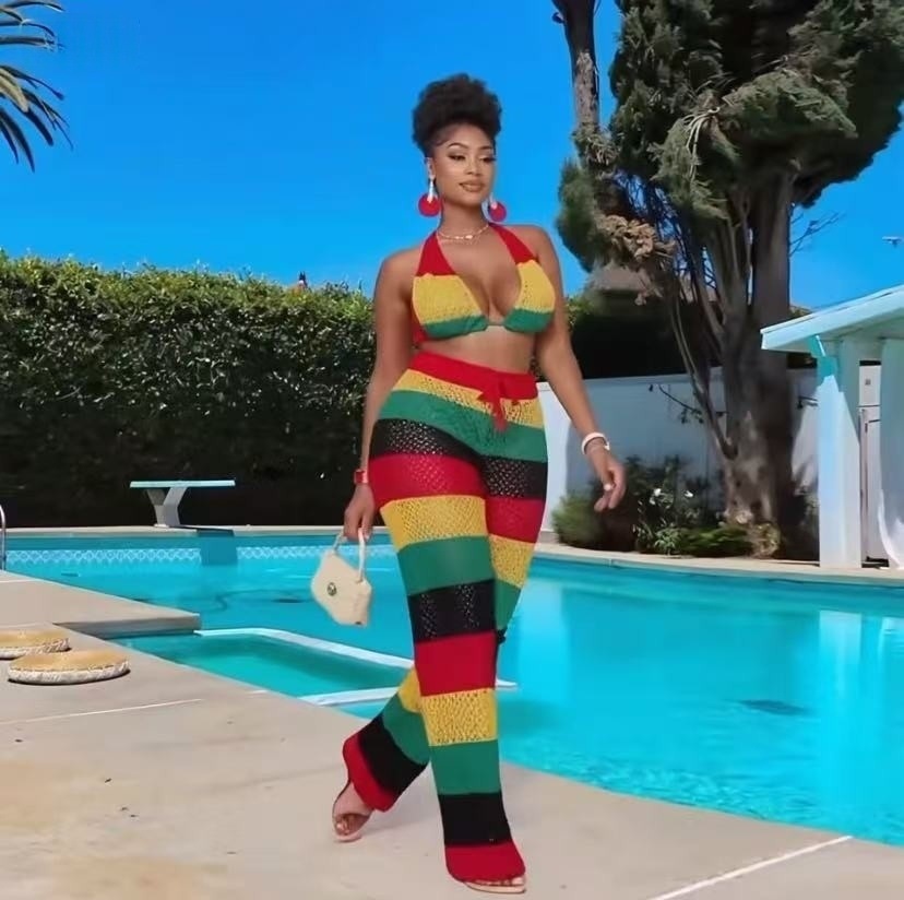 Women multi-color striped halter neck backless top and knitting pant, sexy see-through mesh two-piece set.