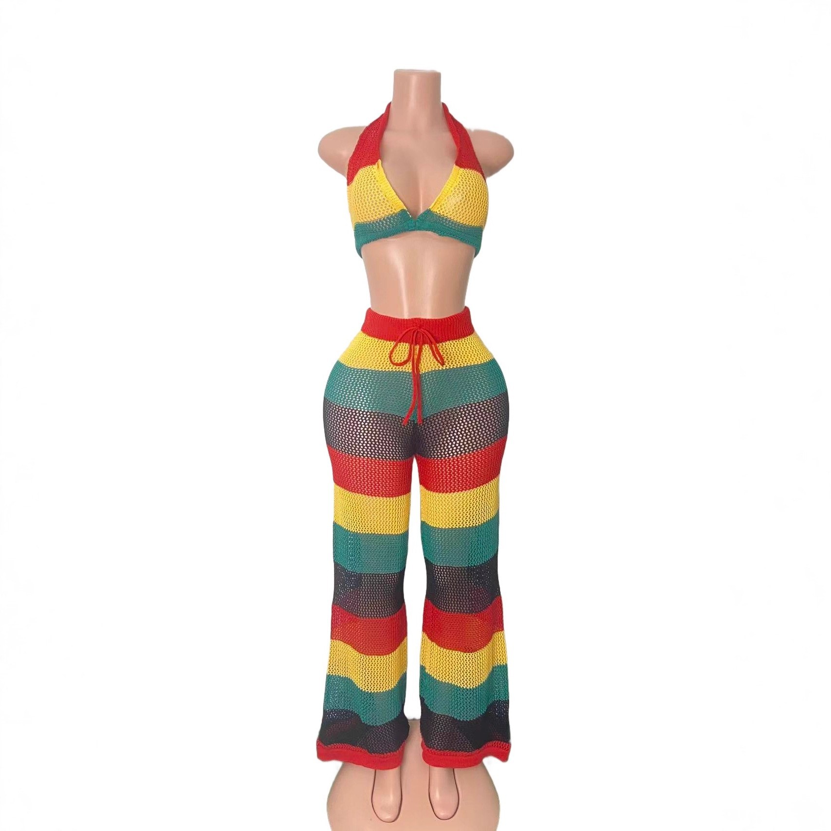 Women multi-color striped halter neck backless top and knitting pant, sexy see-through mesh two-piece set.
