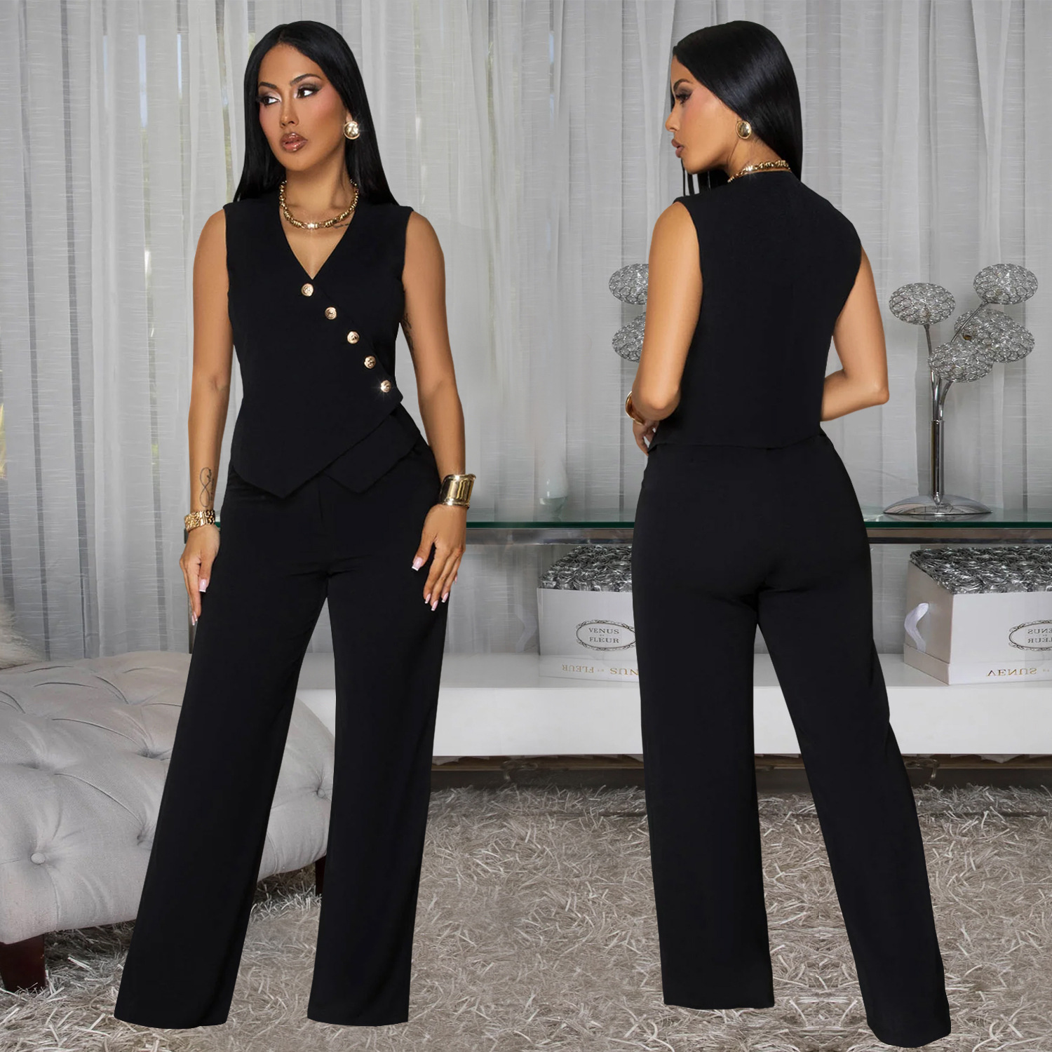 Women Casual Sleeveless V-Neck Top and Pants Two-Piece Set