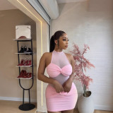 Women early fall solid sleeveless halter neck sexy bodycon mini dress.