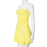 Women Pleated Skirt Solid Strapless Dress