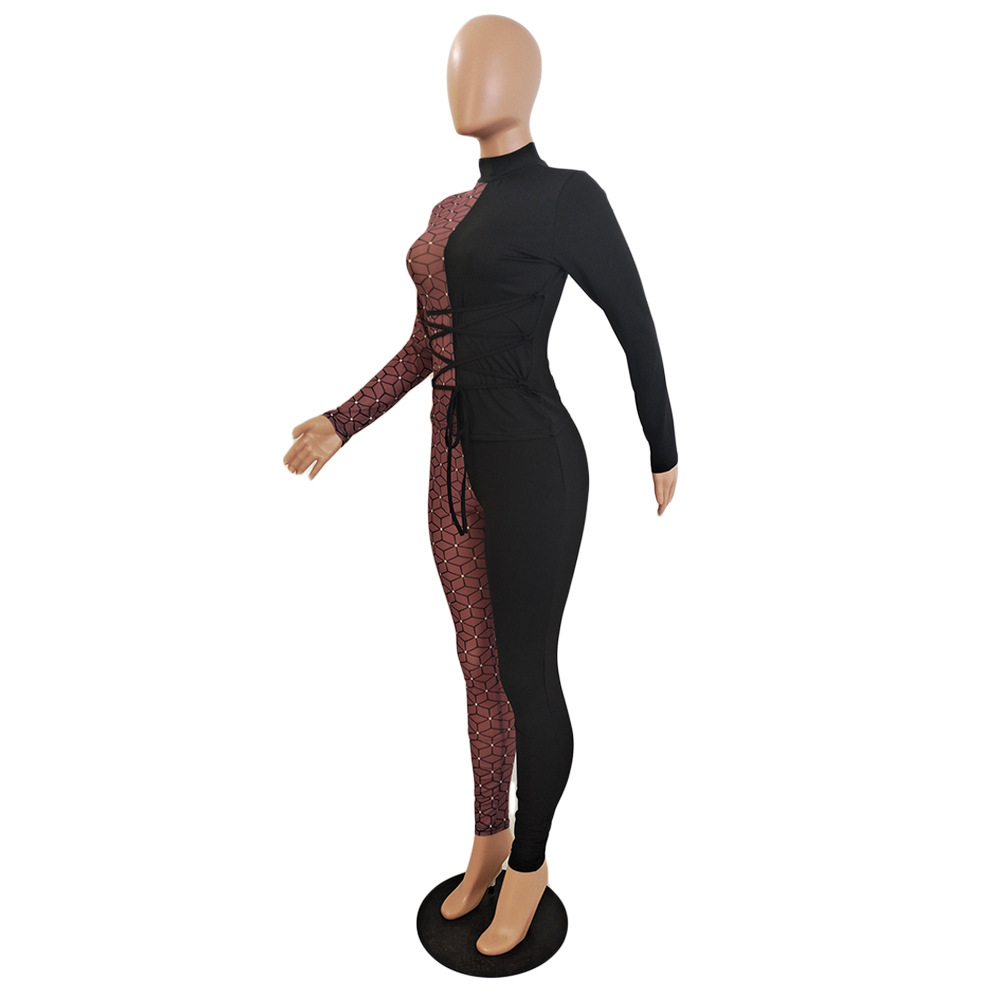 Women Sexy Mesh Patchwork Print Top and Pant Two-Piece Set