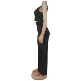 Women V-Neck Buckled Belt Top and Pants Two-Piece Set