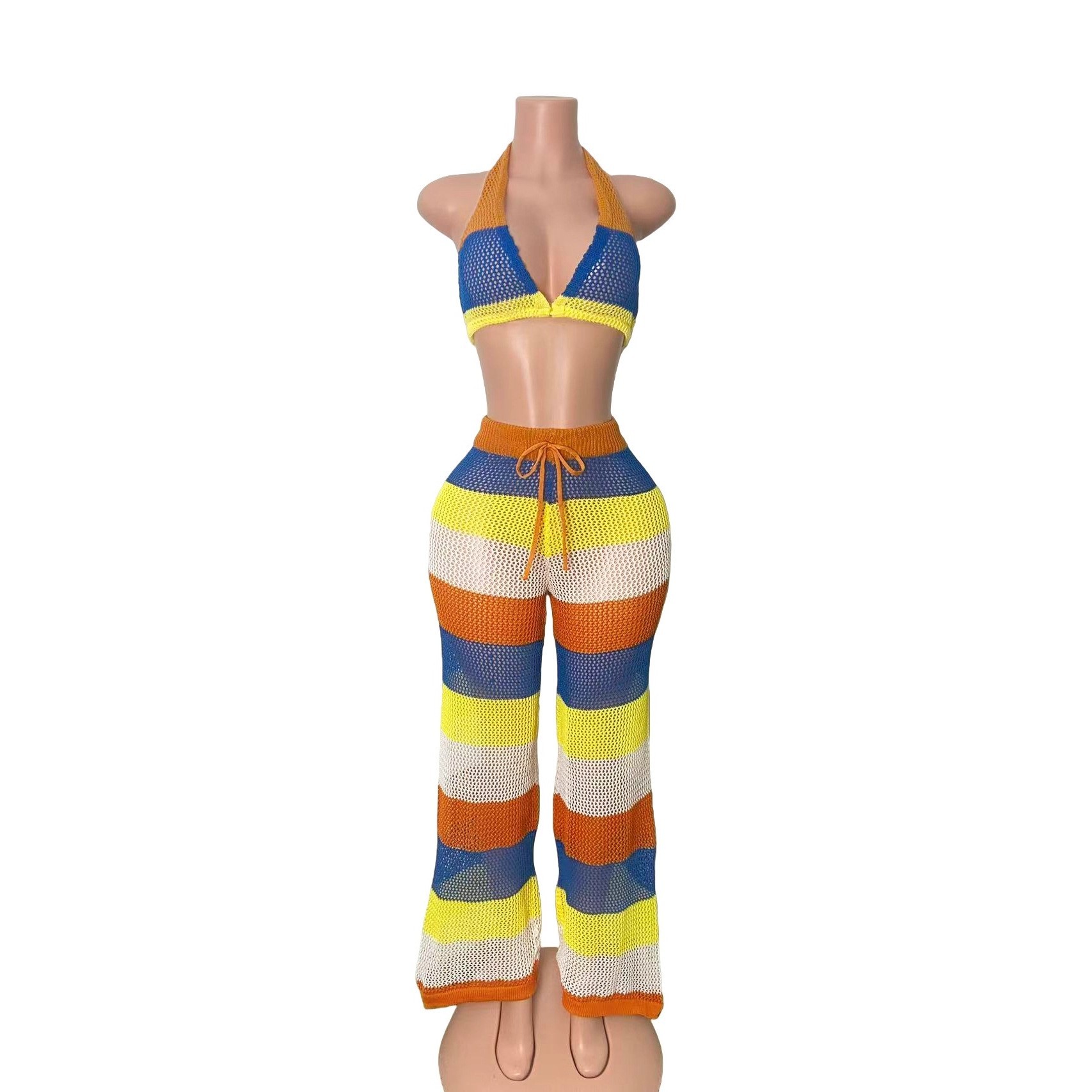Women multi-color striped halter neck backless top and knitting pant, sexy see-through mesh two-piece set.