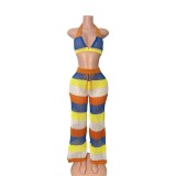 Women multi-color striped halter neck backless top and knitting pant, sexy see-through mesh two-piece set.